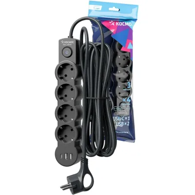 Удлинитель КОСМОС 3м, ПВС 3х1, 4 гнезда, заземление, выкл, USB, 10А 2500Вт, черн YKsm3m4g-Z-VU10A-B