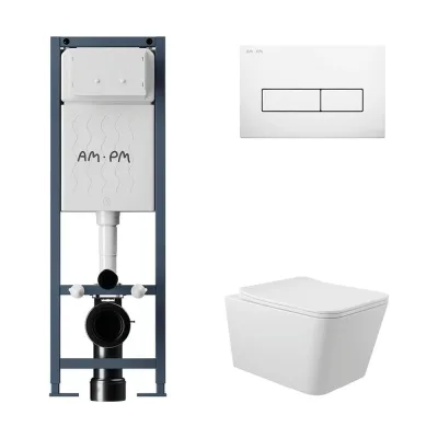 Комплект AM.PM I012711.0301 ErgoFit инсталляция для унитаза с клавишей ErgoFit M пластик, белый глян + унитаз Long 520х370 безободковый, Vortex (Торнадо), Soft-Close, белый глян, форма квадрат I012711.0301QV2110