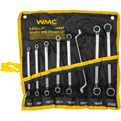 Ключи накидные, отогнутые на 75 градусов WMC TOOLS набор 8 предметов (6х7, 8х9, 10х11, 12х13, 14х15, 16х17, 18х19, 21х22мм) WMC-5088P(63062)