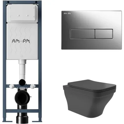Комплект AM.PM I012711.0351 ErgoFit инсталляция для подвес унитаза с клавишей ErgoFit M пластик, хром глянц + Унитаз подвесной 520*370 безободковый, сиденье Soft-Close, черный матовый, форма квадрат с выступом I012711.0351E0140