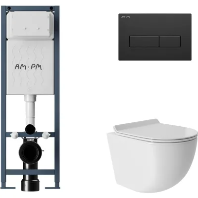 Комплект AM.PM I012711.0338 ErgoFit инсталляция для подвес унитаза с клавишей ErgoFit M пластик, черный матовый + Унитаз подвесной 480х360 безободковый, Vortex, сиденье Soft-Close, белый глянцевый, форма овал I012711.0338OV0110