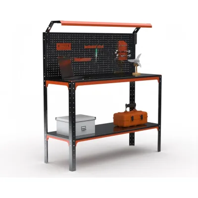 Стол-верстак ООО Металекс серия KIT 950х1500х600, одна полка, перфопанель с комплектом освещения, оранжево-чёрный 204927