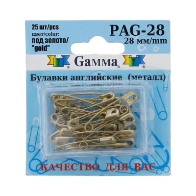 Английские булавки Gamma PAG-28 под золото, сталь, в блистере, 25 шт, 28 мм, 384797