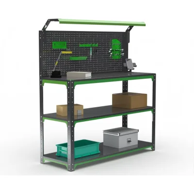 Стол-верстак ООО Металекс KIT 950х1200х600 (2-е полки, + перфопанель с комплектом освещения) (серо-зеленый) 204405