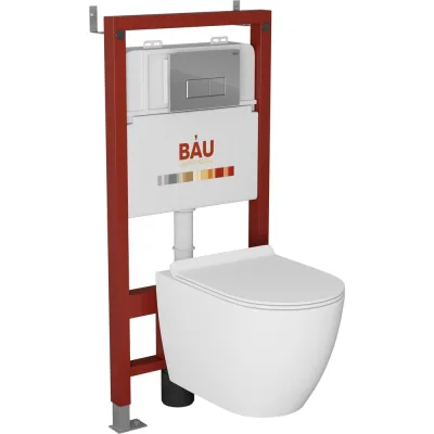 Комплект Bauedge BAU 6 в 1: инсталляция BAU PRO, унитаз подвесной безободковый Bau Dream 49,5x36, сиденье дюропласт микролифт, клавиша BAU Hotel, хром Q111300-BL0001-Q00007