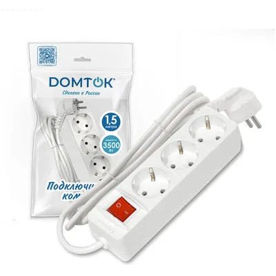 Удлинитель бытовой DOMTOK 3 гнезда, ПВС 3*1, 3,5кВт, с/з, выкл. 1,5м 2379