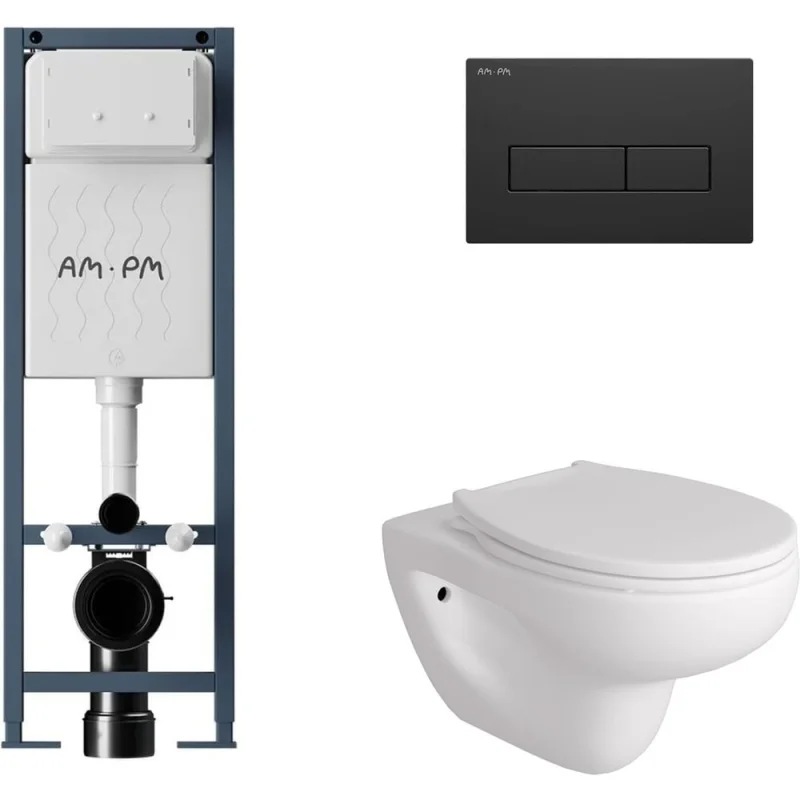 Комплект AM.PM I012711.0338 ErgoFit инсталляция для подвес унитаза с клавишей ErgoFit M пластик, черный матовый + FLUIRE 901 Унитаз подвесной безободковый, быстросъёмное сиденье с микролифтом, белый глян. I012711.0338AL.FLU40901.W