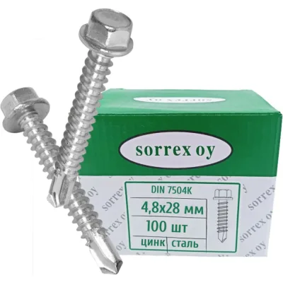 Саморез с шестигранной головкой по металлу SORREX M4,8x28, DIN 7504K, оцинкованный, со сверлом, 100 шт. 7504K-1-048-028-100