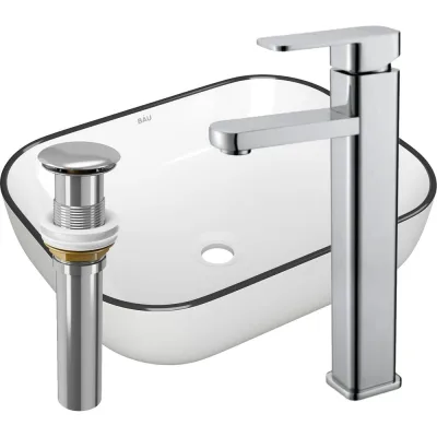 Раковина прямоугольная накладная со смесителем и выпуском Bauedge BAU Stil (50x40, белая + смеситель Hotel Still, нер. сталь, выпуск клик-клак хром) BH1135