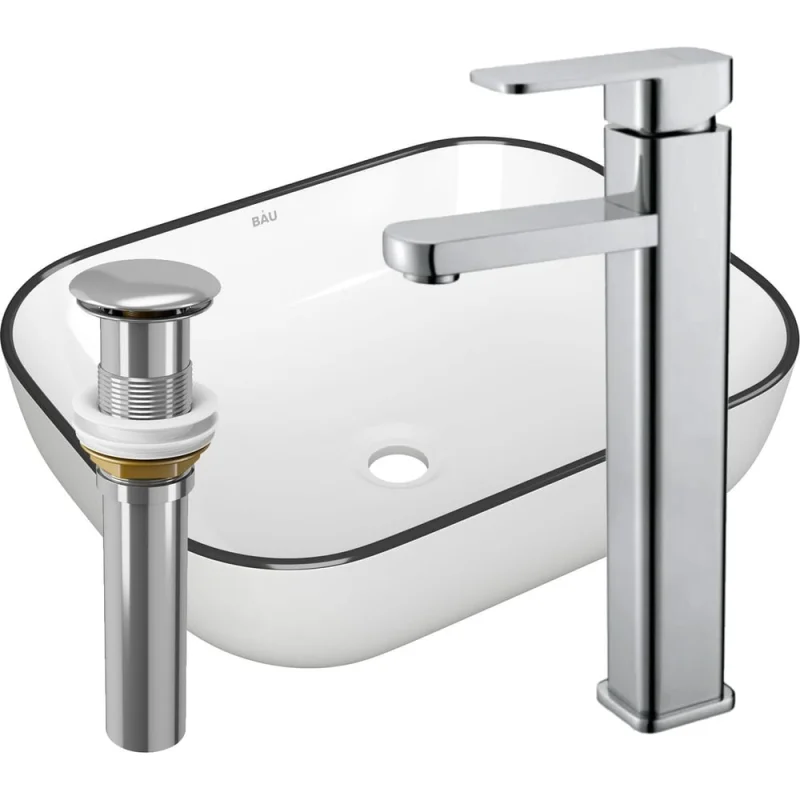 Раковина прямоугольная накладная со смесителем и выпуском Bauedge BAU Stil (50x40, белая + смеситель Hotel Still, нер. сталь, выпуск клик-клак хром) BH1135