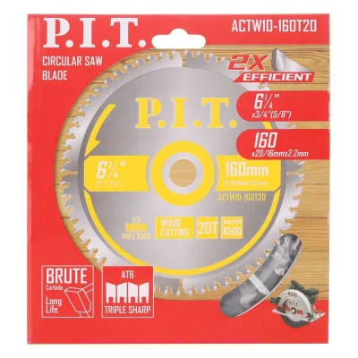 Диск пильный по дереву P.I.T. 160x20/16x2.2 мм 20T, тип зуба ATB ACTW10-160T20