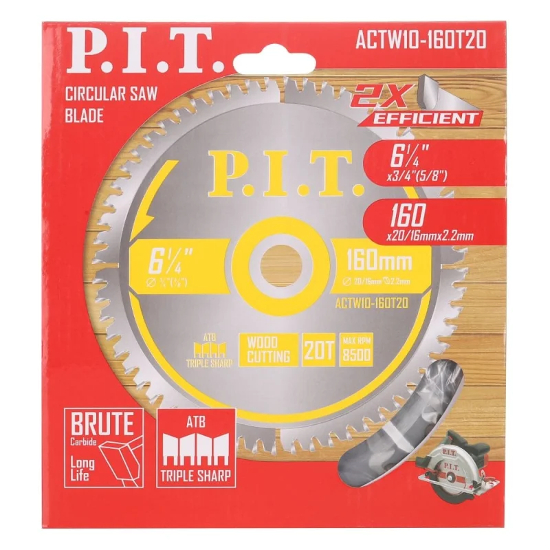 Диск пильный по дереву P.I.T. 160x20/16x2.2 мм 20T, тип зуба ATB ACTW10-160T20