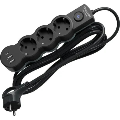 Удлинитель КОСМОС 3м, ПВС 3х1, 3 гнезда, заземление, выключатель, USB, 10А, 2800Вт, черный YKsm3m3g-Z-VU10A-B