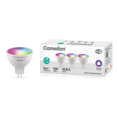 Лампа светодиодиодная Camelion Smart Home LSH5/GU5.3/RGBСW/WIFI/3 (3 шт. 5Вт GU5.3 RGB+DIM+CW 220В WiFi) 15947