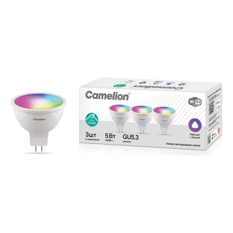 Лампа светодиодиодная Camelion Smart Home LSH5/GU5.3/RGBСW/WIFI/3 (3 шт. 5Вт GU5.3 RGB+DIM+CW 220В WiFi) 15947