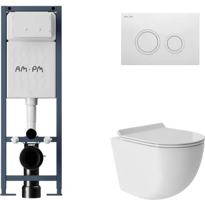 Комплект ErgoFit инсталляция для подвес унитаза с клавишей ErgoFit L пластик, белый глянцевый + Унитаз подвесной 480х360 безободковый, Vortex, сиденье Soft-Close, белый глянцевый, форма овал AM.PM I012711.0101OV0110