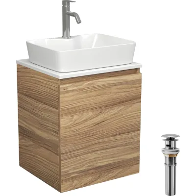 Тумба Bauedge Bau Dream Blackwood 50 с дверцей, раковина BAU Cerama 48х37 белая, смеситель Hotel Dream, нерж. сталь, выпуск клик-клак, хром SD3176