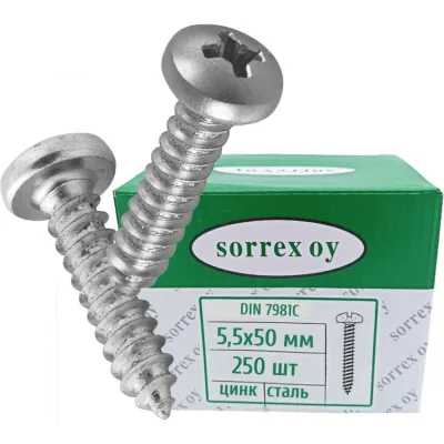 Саморез по металлу с полукруглой головкой SORREX 5,5x50 DIN 7981С оцинкованный с острым наконечником (250 штук) 7981С-1-055-050-250