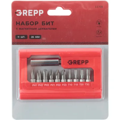 Набор бит с магнитным держателем GREPP (11шт) 11708