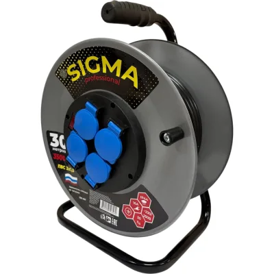 Удлинитель на металлической катушке SIGMA IP44 c заземлением (ПВС 3*1,5) 230 В /16А /3500 Вт 30 метров 100057