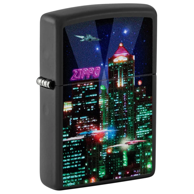 Зажигалка Zippo Cyber City с покрытием Black Matte, латунь/сталь, черная 38x13x57 мм 48506