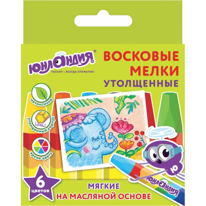 Восковые мелки ЮНЛАНДИЯ ЮНЛАНДИК И ИНДИЙСКИЙ СЛОН утолщенные набор 6 цветов, масляная основа 227296