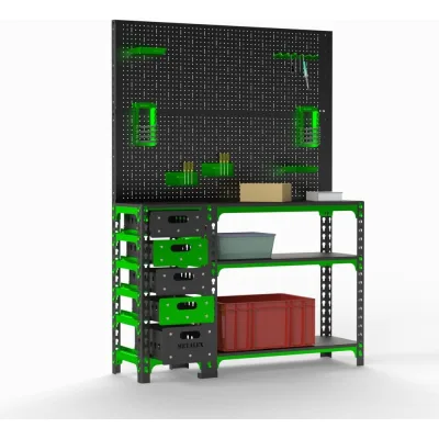 Стол-верстак Metalex c одной тумбой 950x1200x400 + двойная перфопанель с комплектом аксессуаров SVTIPRIIA951240