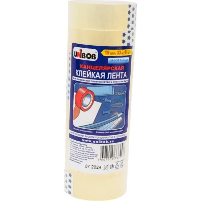 Лента клейкая канцелярская Unibob, 19 мм × 33 м, прозрачная, упак. 8 шт. 214962 48899