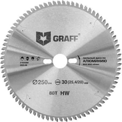 Пильный диск по алюминию GRAFF 250х2.5/3.2х30/25.4/20х80Т Expert 21925080