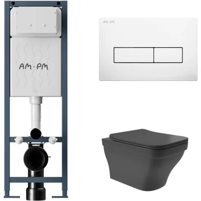 Комплект AM.PM I012711.0301 ErgoFit инсталляция для подвес унитаза с клавишей ErgoFit M пластик, белый глянцевый + Унитаз подвесной 520х370 безободковый, сиденье Soft-Close, черный матовый, форма квадрат с выступом I012711.0301E0140