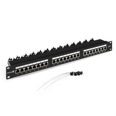 Патч-панель ExeGate EPP3-19-24-8P8C-110D-STP90 19", STP, 24 port, cat.6, KRONE 110 dual IDC, 90 градусов, 1U, RoHS, с кабельным органайзером, Black, RTL 297318