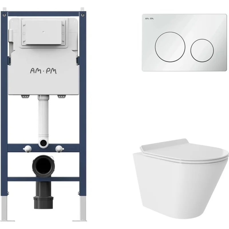 Комплект AM.PM инсталляция PrimeFit L, б/гл + унитаз подвесной 480x360 безободковый, Vortex, сиденье Soft-Close, белый глянцевый, форма конус I012709.0101CV0110