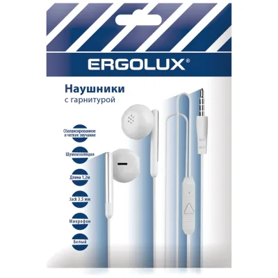 Наушники вкладыши с микрофоном проводные Ergolux Elx-whp01p-c01 промо (3.5мм, 1,2м, белые, пакет) 15277