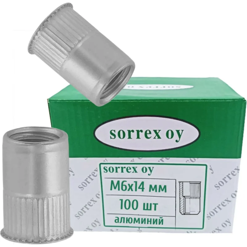 SORREX Заклепка гайка М6x14 резьбовая винтовая алюминиевая уменьшенный бортик с рифлением 100 штук XYL M6 100