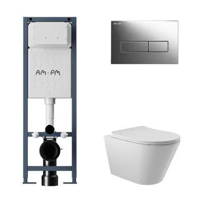 Комплект AM.PM I012711.0351 ErgoFit инсталляция для унитаза с клавишей ErgoFit M пластик, хром глянц + унитаз Long 525х360 безободковый, Vortex (Торнадо), сиденье Soft-Close, белый глянцевый, конус I012711.0351CV2110