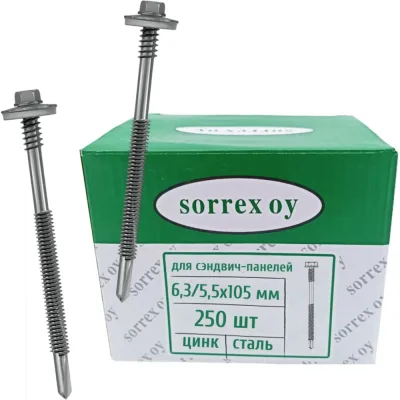 Саморез для крепления сэндвич-панелей SORREX 6,3/5,5x105, оцинкованный, 250 шт. SSP-1-063-105 250