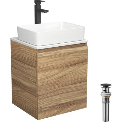Тумба Bauedge Bau Dream Blackwood 50 с дверцей, раковина BAU Hotel, смеситель для раковины высокий Hotel Black, черный, выпуск клик-клак, черный SD3036