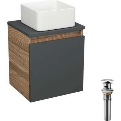 Тумба Bauedge Bau Dream Blackwood 35 с ящиком, графит, раковина BAU Mini 24x24, выпуск клик клак хром SD4002