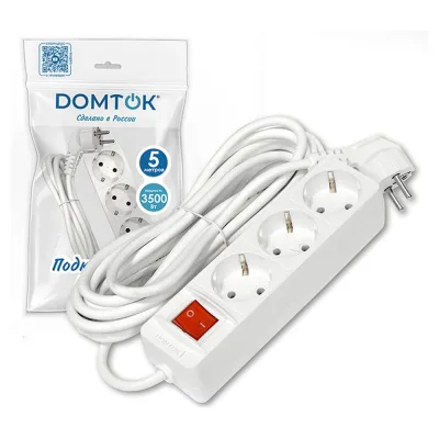 Удлинитель бытовой DOMTOK 3 гнезда, ПВС 3*1, 3,5кВт, с/з, выкл. 5м 2382