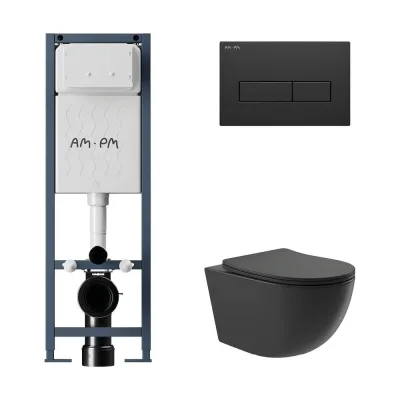 Комплект AM.PM I012711.0338 ErgoFit инсталляция для унитаза с клавишей ErgoFit M пластик, черный матовый + унитаз Long 525х360 безободковый, Vortex (Торнадо), сиденье Soft-Close, черный матовый, овал I012711.0338OV2140