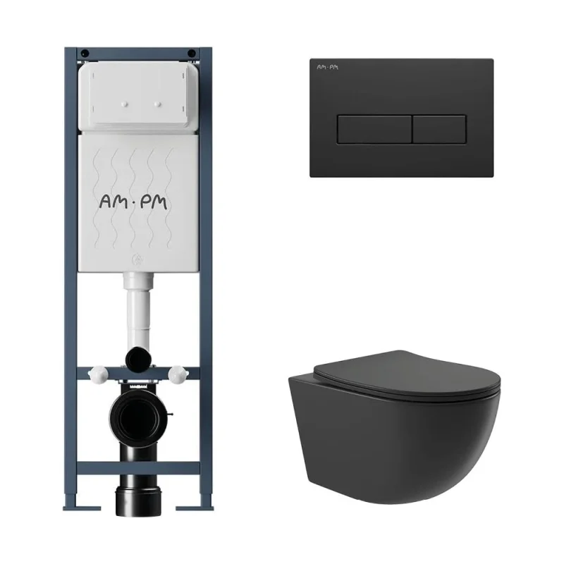 Комплект AM.PM I012711.0338 ErgoFit инсталляция для унитаза с клавишей ErgoFit M пластик, черный матовый + унитаз Long 525х360 безободковый, Vortex (Торнадо), сиденье Soft-Close, черный матовый, овал I012711.0338OV2140