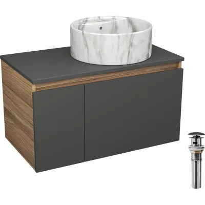 Комплект Bauedge тумба подвесная Bau Dream Blackwood графит 80, 1 ящик, дверца слева, раковина круглая накладная BAU Element D41, мрамор, выпуск клик клак черный BD3071