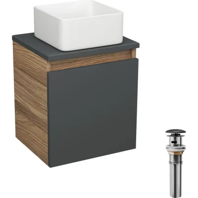 Тумба Bauedge Bau Dream Blackwood 35 с ящиком, графит, раковина BAU Mini 24х24, выпуск клик-клак, черный SD4004