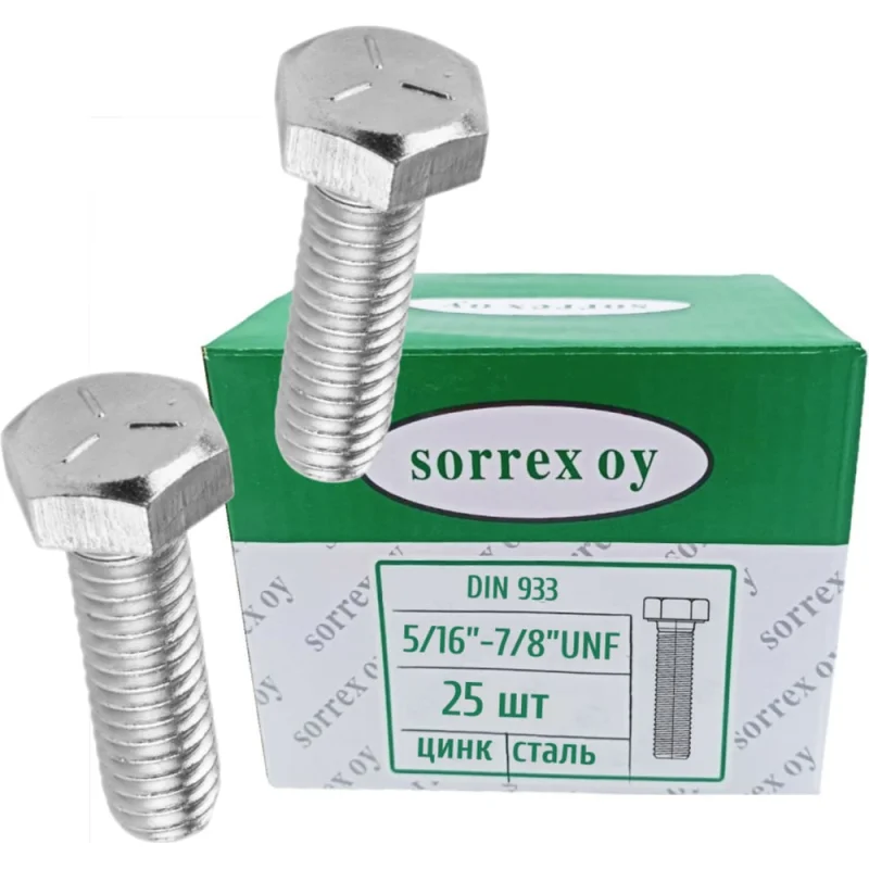 Болт SORREX 5/16-24 длиной 7/8 UNF дюймовый с шестигранной головкой по DIN 933 с полной резьбой оцинкованный 25 штук 0933-5/16-UNF-7/8 25