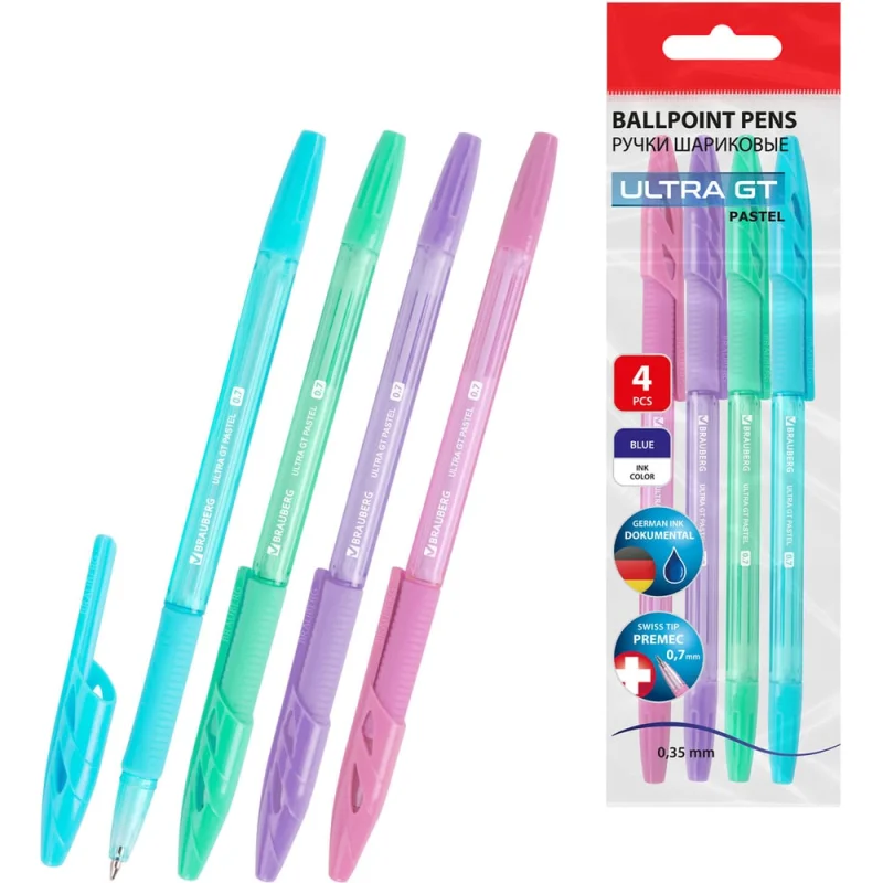 Ручки шариковые BRAUBERG с грипом ULTRA GT PASTEL, набор 4 шт, синие, линия 0.35 мм, 144533