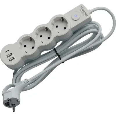 Удлинитель КОСМОС 3м, ПВС 3х1, 3 гнезда, заземление, выключатель, USB, 10А, 2800Вт, белый YKsm3m3g-Z-VU10A-W