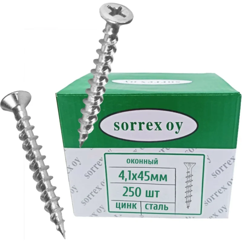 Саморез оконный потайной SORREX 4,1x45 острый, крупная резьба, для крепления пластикового профиля, фурнитуры и откосов, белый цинк, 250 шт. SWA-1R-041-045 250