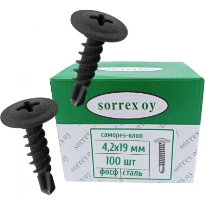 Саморез по металлу SORREX 4,2x19, клоп строительный со сверлом и пресс-шайбой черный, маленький шуруп с широкой шляпкой для профиля, гипсокартона, панелей, тонких пластин, 100 шт. СВ-SL-CH-5-042-019 100