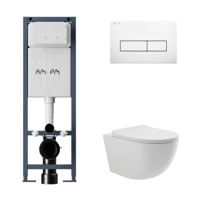 Комплект AM.PM I012711.0301 ErgoFit инсталляция для унитаза с клавишей ErgoFit M пластик, белый глянцевый + унитаз Long 525х360 безободковый, Vortex (Торнадо), Soft-Close, белый глянцевый, овал I012711.0301OV2110
