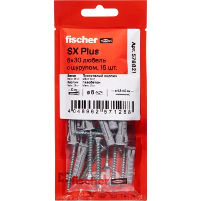 Дюбель с шурупом Fischer SX Plus, 6x30, 15шт 578821